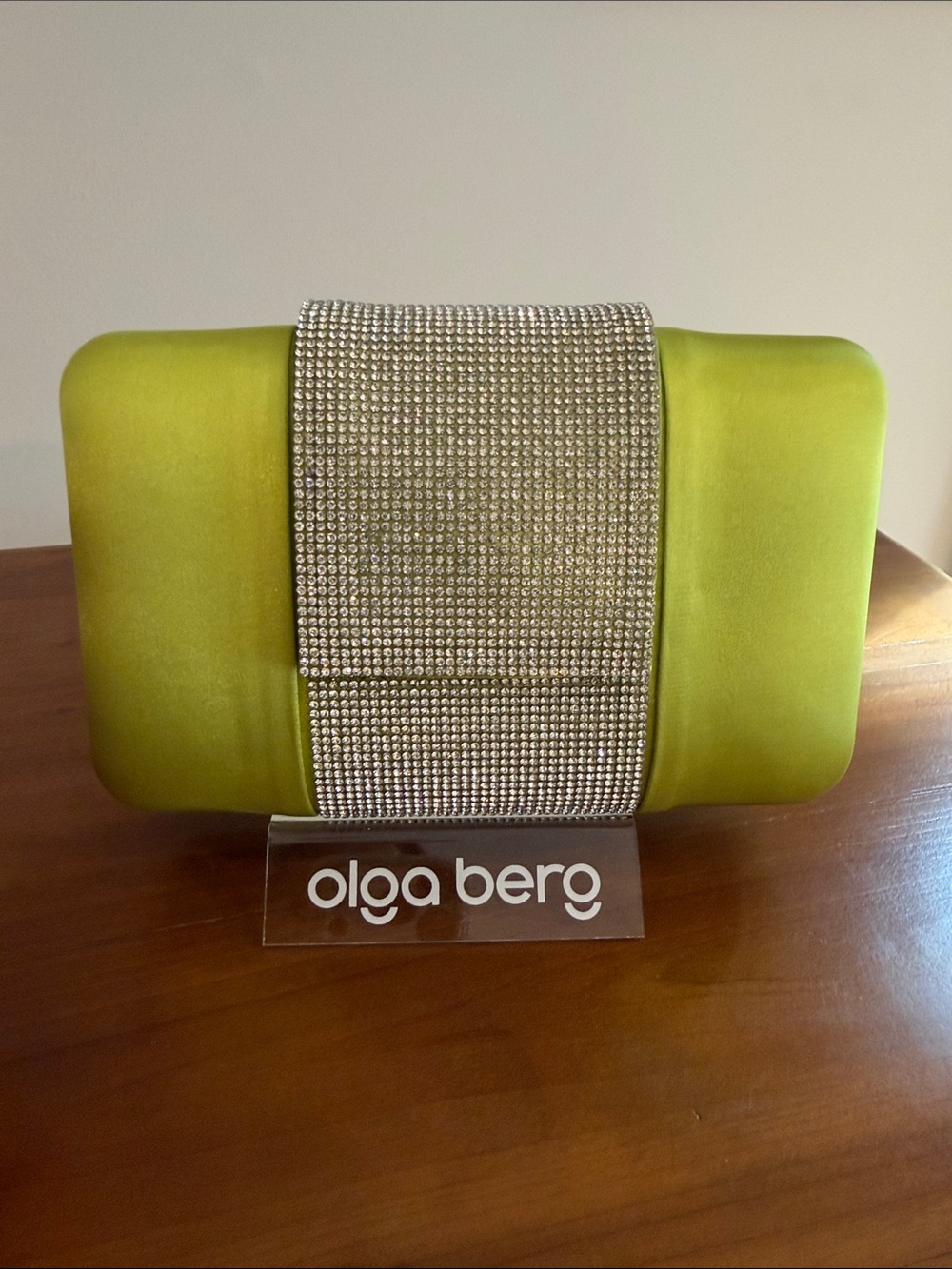 Olga Berg Lime Green Satin Clutch with Crystal Band